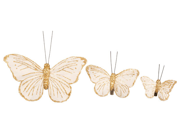 Sommerfugl m/klype hvit m/gull 8cm 4stk 