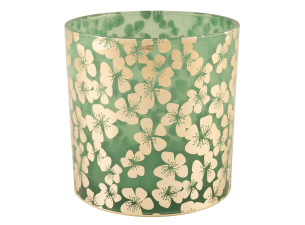 Lysglass grønn m/gullblomster 15x15cm Lysglass til kubbelys 
