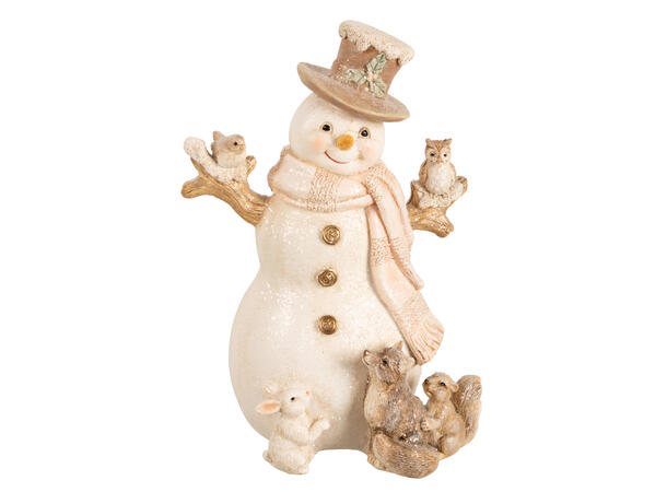Snømann med dyr hvit/gull 12x9x16,5cm 