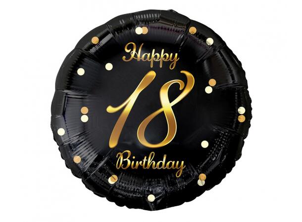 B&C Ballong Happy 18 år sort/gull 45cm Selvlukkende folie Til luft/helium 