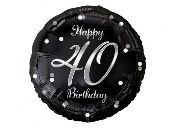 B&C Ballong Happy 40 år sort/sølv 45cm Selvlukkende folie Til luft/helium 