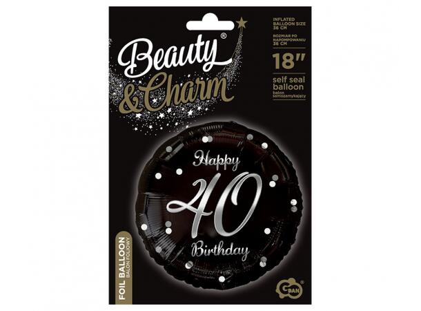 B&C Ballong Happy 40 år sort/sølv 45cm Selvlukkende folie Til luft/helium 