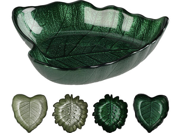 Skål blad glass 16x4cm 290gr 4 ass Forpk:20stk Metallisk lys og mørk grønn 