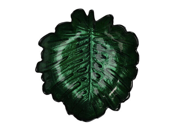 Skål blad glass 16x4cm 290gr 4 ass Metallisk lys og mørk grønn 