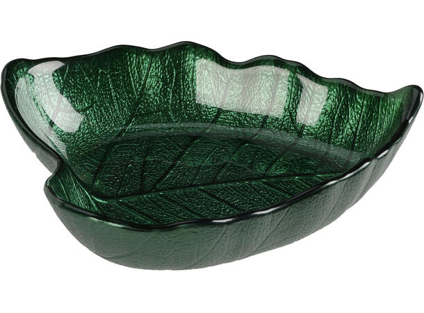 Skål blad glass 16x4cm 290gr 4ass Forpk 20stk Metallisk lys og mørk grønn 