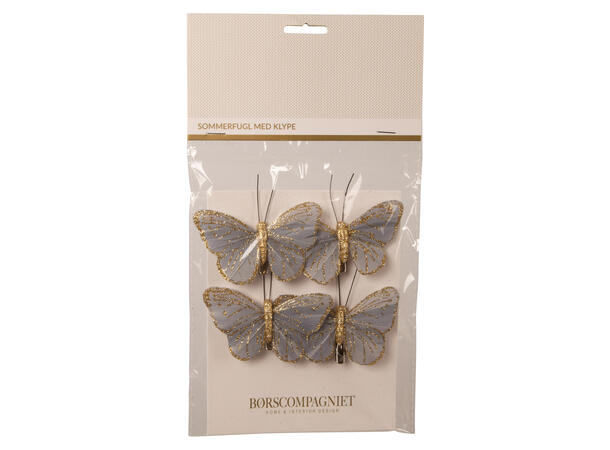 Sommerfugl m/klype grå m/gull 8cm 4stk 