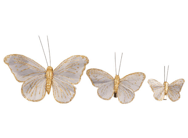 Sommerfugl m/klype grå m/gull 8cm 4stk 