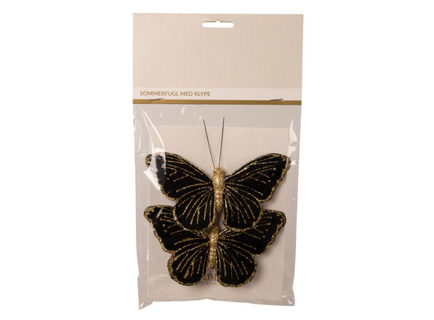 Sommerfugl m/klype sort m/gull 12cm 2stk 