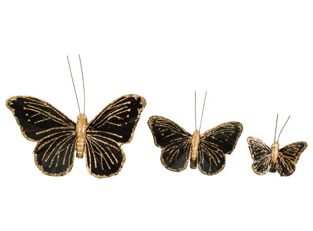 Sommerfugl m/klype sort m/gull 12cm 2stk 