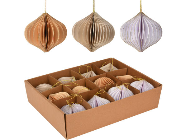 Julekule beige løkform papir 8cm 3ass Med glitter på kanter 