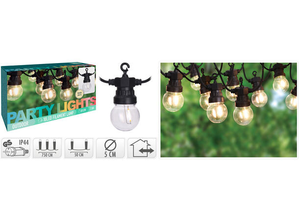 Lyslenke LED 10 pærer sort ledning 7,5m Strøm:IP44 Adapter, 10 LED 50cm avstand 