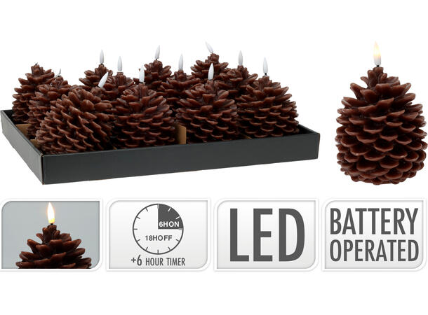 Stearinlys LED kongle brun Timer: 6/18t 13cm Batter:2xAA Selges 12 stk i display 