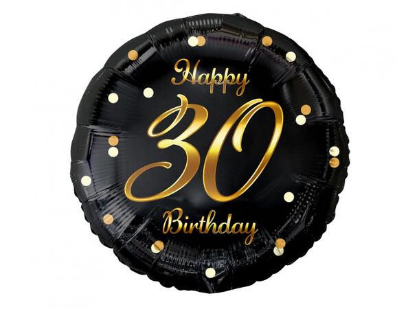 B&C Ballong Happy 30 år sort/gull 45cm Selvlukkende folie Til luft/helium 
