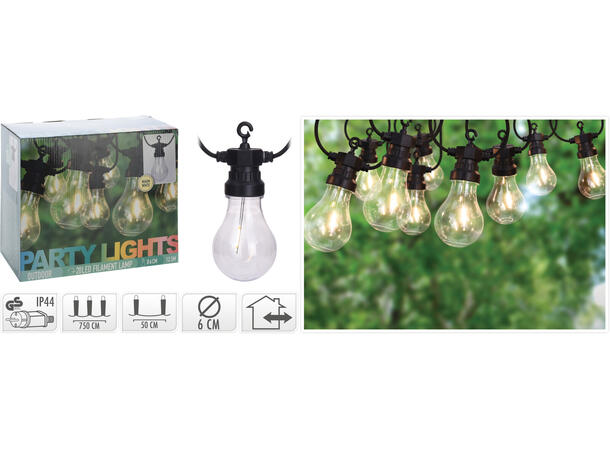Lyslenke LED 20 pærer sort ledning 12,5m Strøm:IP44 Adapter, 20 LED 50cm avstand 