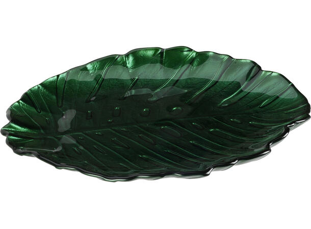Skål blad glass 28x3cm 955gr 4 ass Metallisk lys og mørk grønn 