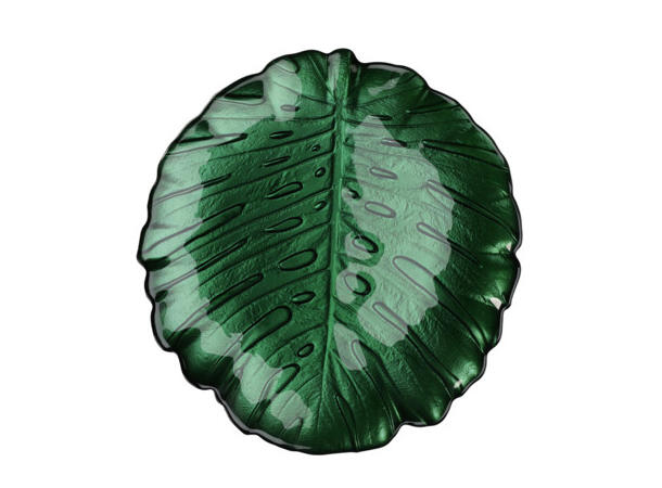 Skål blad glass 28x3cm 955gr 4 ass Metallisk lys og mørk grønn 