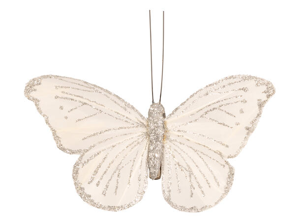 Sommerfugl m/klype hvit m/sølv 12cm 2stk 