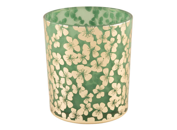 Lysglass grønn m/gullblomster  8,8x10cm Lysglass til telys 