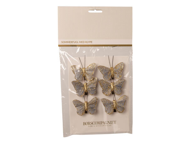 Sommerfugl m/klype grå m/gull 4,5cm 6stk 