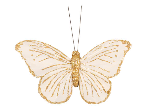 Sommerfugl m/klype hvit m/gull 12cm 2stk 