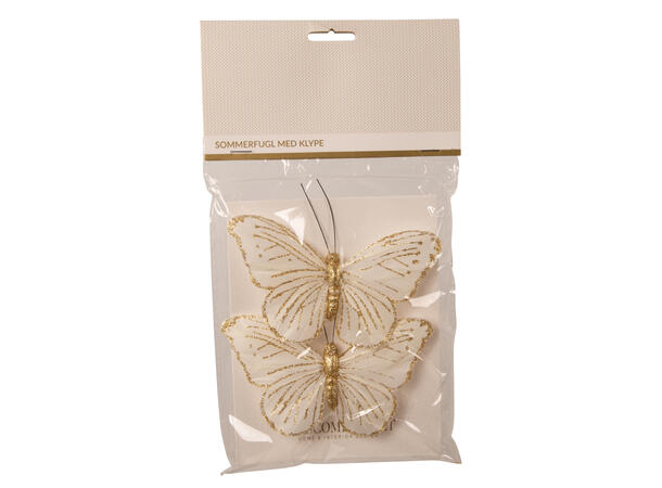 Sommerfugl m/klype hvit m/gull 12cm 2stk 