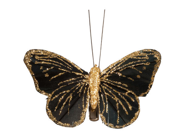 Sommerfugl m/klype sort m/gull 8cm 4stk 