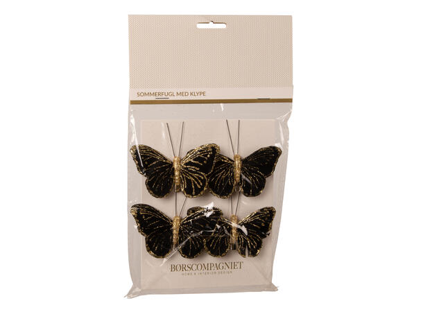 Sommerfugl m/klype sort m/gull 8cm 4stk 