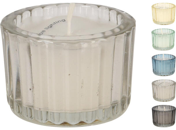 Duftlys i glass 5x4cm 20 stk pr display 5ass Grå, Blå, Mørk Grå, Turkis, Gul 