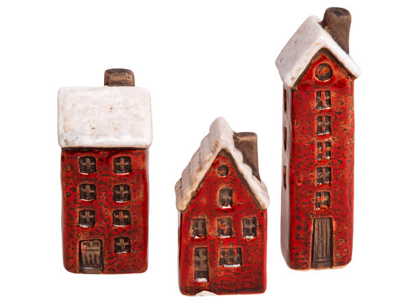 Hus keramikk rød/hvit h: 6-7-10cm s/3 