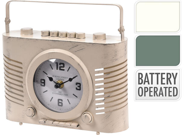 Klokke Radio bord h:21cm hvit/grønn 2ass Batteri:1xAA ikke inkludert 