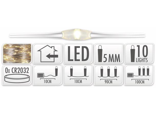 Lyslenke sølv LED 10 pære varmhvit 100cm Batteri:2xCR2032 