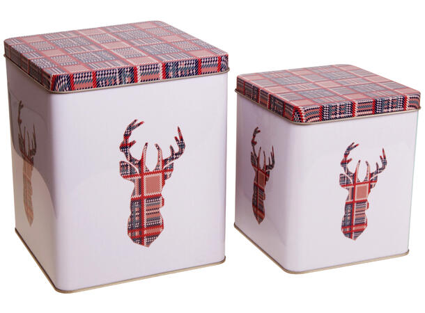 Metallboks rutet beige hjort s/2 12x12x14cm 15,5x15,5x18cm 