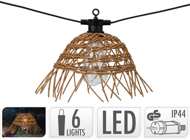 Lyslenke 6 stk LED rottinglampe 23x12cm Varmhvit Lengde 5,5m IP44 adapter 
