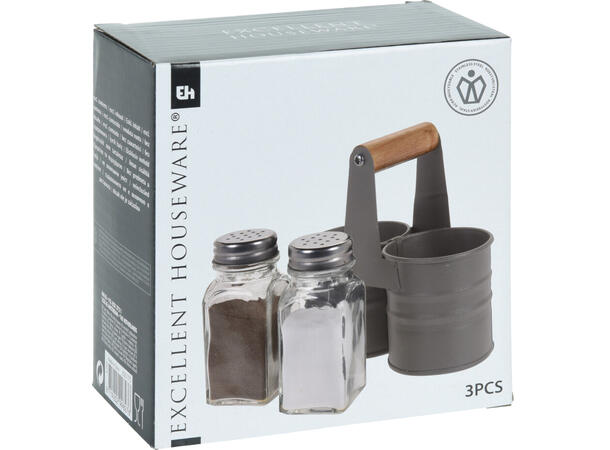 Salt & pepper glass grå metallholder 2st Vekt:325gr Glass:9cm Holder:6,5x13cm 