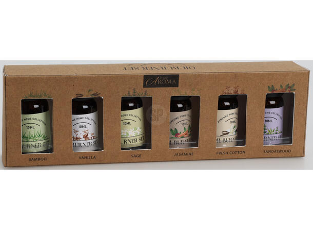 Duftolje 6x10cm glassflaske 6ass dufter Bambus Vanilje Salvie Jasmine Bomull mm 