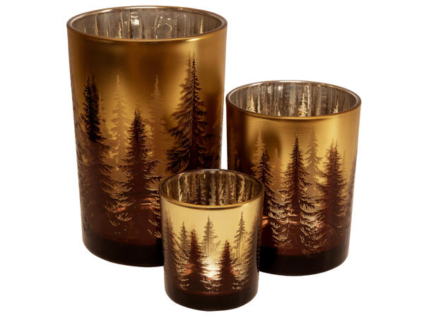 Lysglass gull shiny skogsmotiv 10x12,5cm Lysglass til telys 