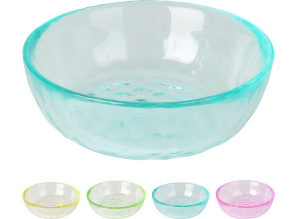 Skål glass boblet d:9cm h:3cm 4ass Forpakning 24stk (4assx6st) Vekt:130gram 
