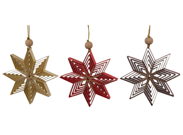 Stjerne papir rød/burg/krem 10cm s/3ass Med treperle og glitter 