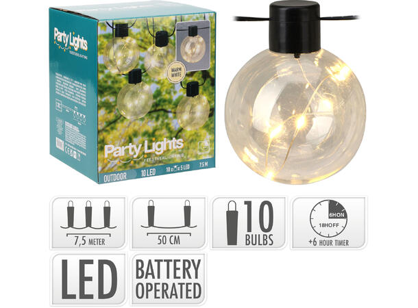 Lyslenke 10 pærer x 5 varmhvit LED 3X AA-batterierboks utendørs 6/18 timer 