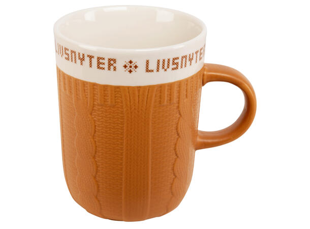 Krus keramikk strikk Livsnyter oker 300ml 270g D:8/10,5cm H:10,2cm 