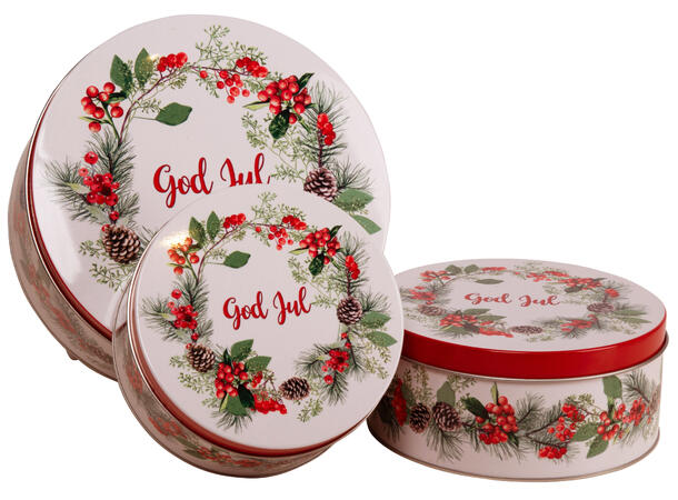Metallboks Krans God Jul h:6,7,9cm s/3 14x6,5cm 16x7cm 20x9cm 