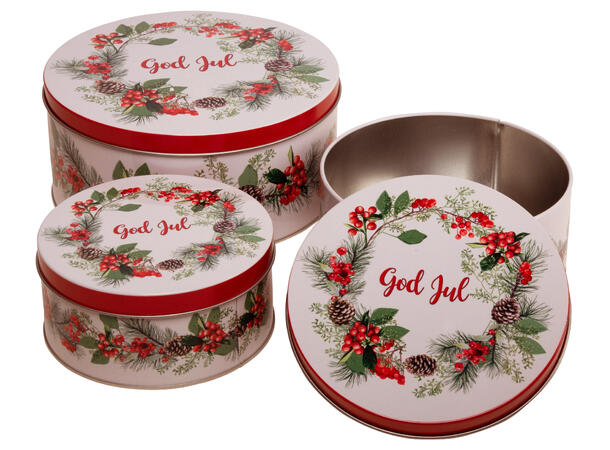 Metallboks Krans God Jul h:6,7,9cm s/3 14x6,5cm 16x7cm 20x9cm 