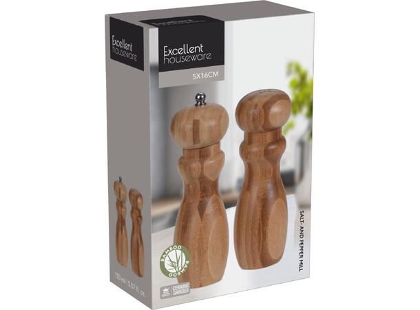 Salt og pepper kvern bambus 16cm 2 deler Med keramisk kvern og silikonpropp 