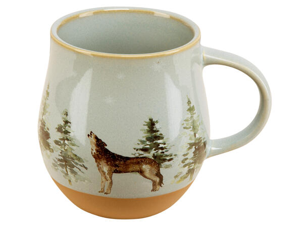 Krus terracotta blågrå ulv i skog 300ml 350g D:8/13cm H:10cm 