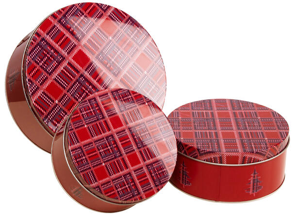 Metallboks rutet rødt juletre rund s/3 14x6,5cm 16x7cm 20x9cm 