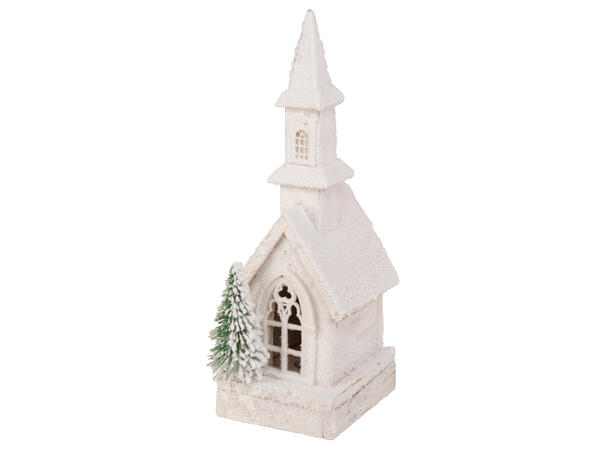 Kirke hvit m/snø 10 LED-lys 14x12x38cm Batteri:3xAA 