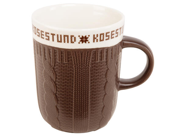 Krus keramikk strikk Kosestund brun 270gram, 3dl, dia:8/10,5cm h:10,2cm 