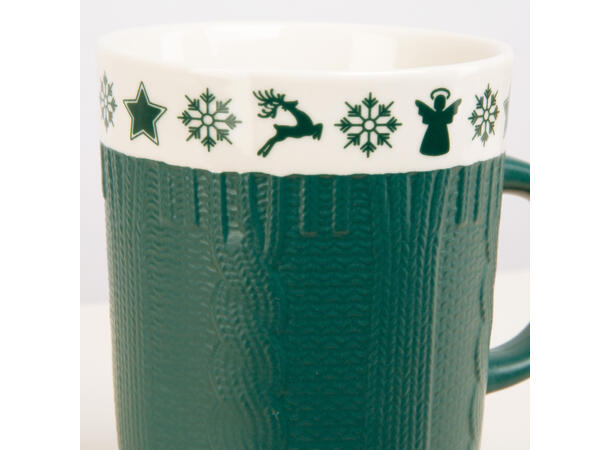 Krus keramikk strikk juledekor grønn 270gram, 3dl, dia:8/10,5cm h:10,2cm 