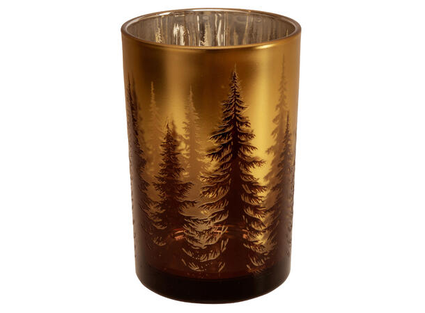 Lysglass gull shiny skogsmotiv 12x18cm Lysglass til kubbelys 