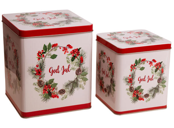 Metallboks Krans God Jul h:14/18cm s/2 12x12x14cm 15,5x15,5x18cm 